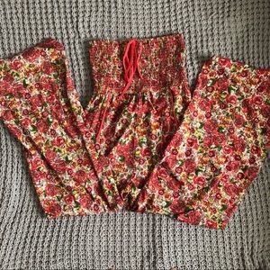 Red / orange floral flair leg jump suit